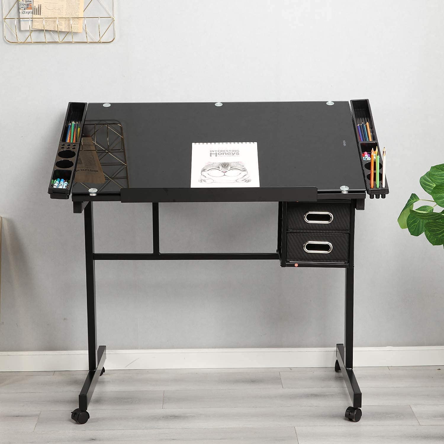  F2C Rolling Drawing Desk Craft Station Art Craft Hobby Drafting  Table Desk Glass Top with Drawers : Home & Kitchen