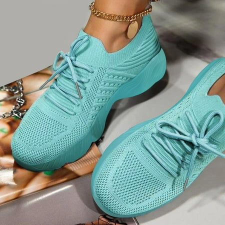 

Cathalem Ladies Fashion Solid Color Mesh Breathable Round Toe Lace Up Low Top Flat Women s Wedge Sneaker Blue 6.5