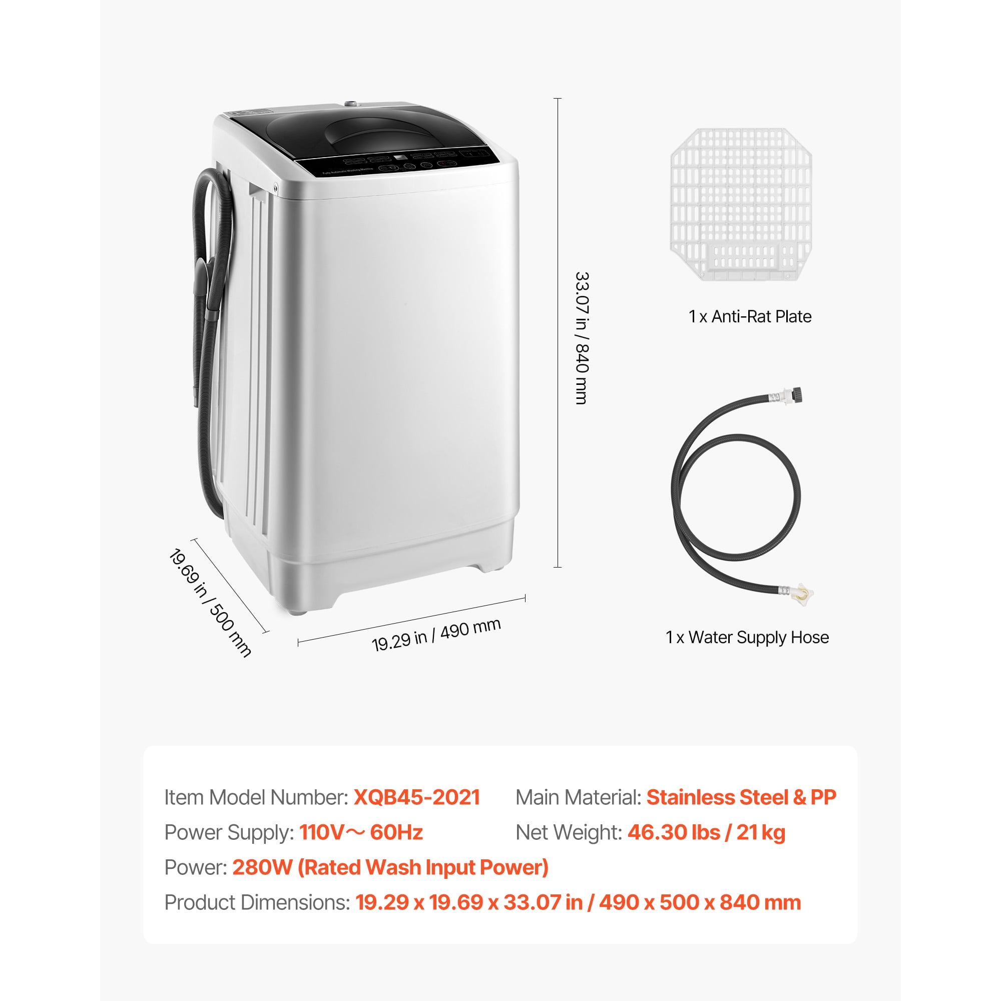 KFFKFF Portable Washing Machine, Compact Washer 1.3 cu.ft with LED Display, Stainless Steel Drum, 8 Wash Programs & 6 Adjustable Water Levels, Ideal for Apartments, RVs, and Dorms