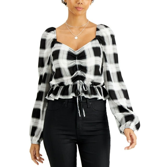 Just Polly Black Plaid Long Sleeve Top Size Medium Ruffle, Size Large