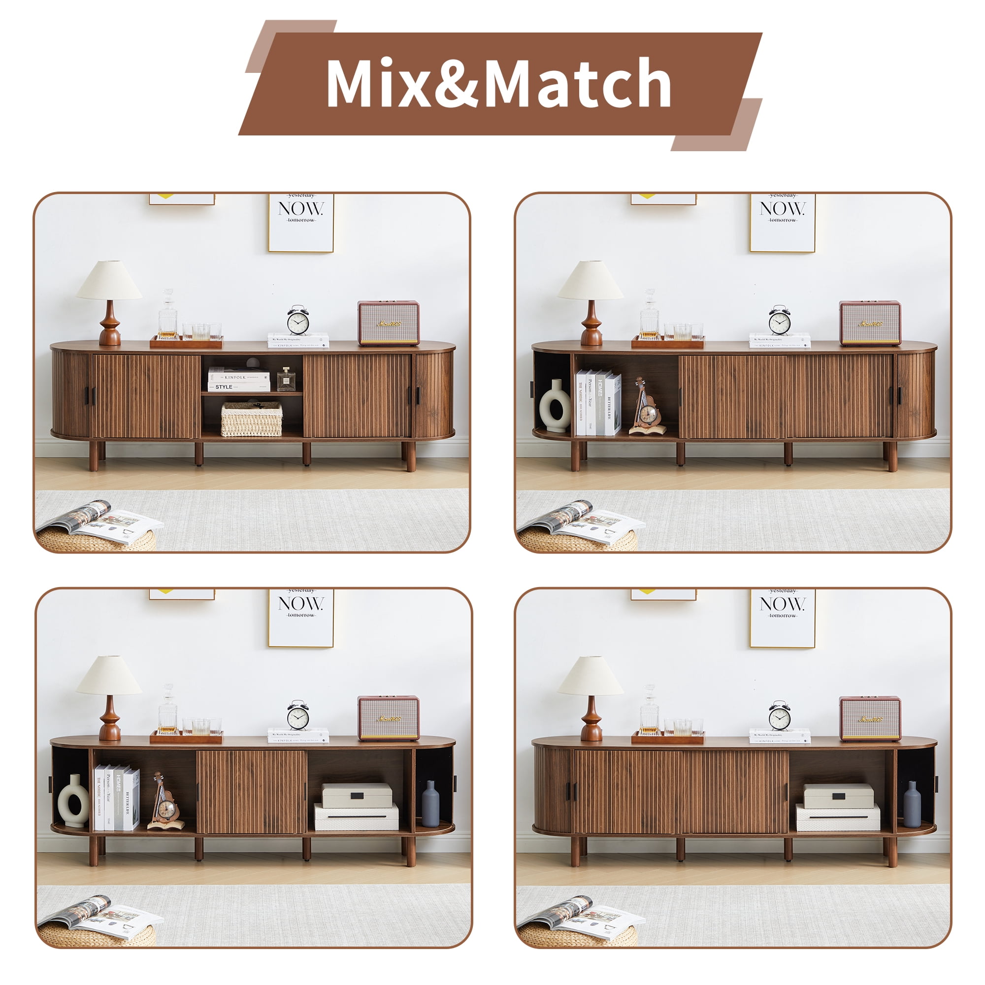 LEFHDA 70.8" Mid Century Modern TV Stand, Wood Tambour Door Entertainment Center with Storage for TVs Up to 75", Curved Edge Cabinet for Living Room Bedroom（Walnut）