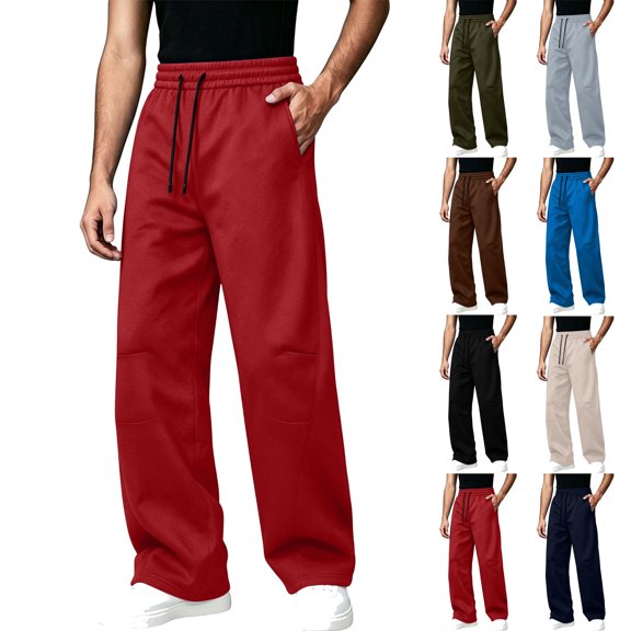 Mens Casual Sweatpants Solid Color Drawstring Elastic Waist Straight Leg Trousers Relaxed Fit Workout Pants