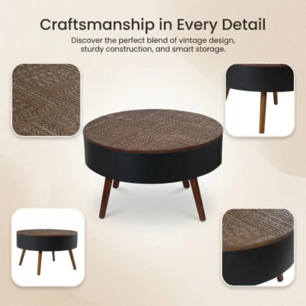 31.5" Round Coffee Table with Storage, Carved Wooden Tabletop, Mid-Century Modern Accent Table with Solid Wood Legs for Living Room, Apartment, Office, Brown & Black