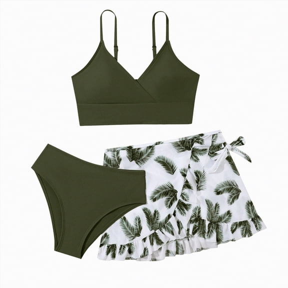 Linfrsh Swimsuits for Girls Girl's 3 Piece Floral Swimsuit Cute V Neck Bikini Set High Waisted Bathing Suit Sheer Mesh Cover Up Skirt(Green,17 Years)