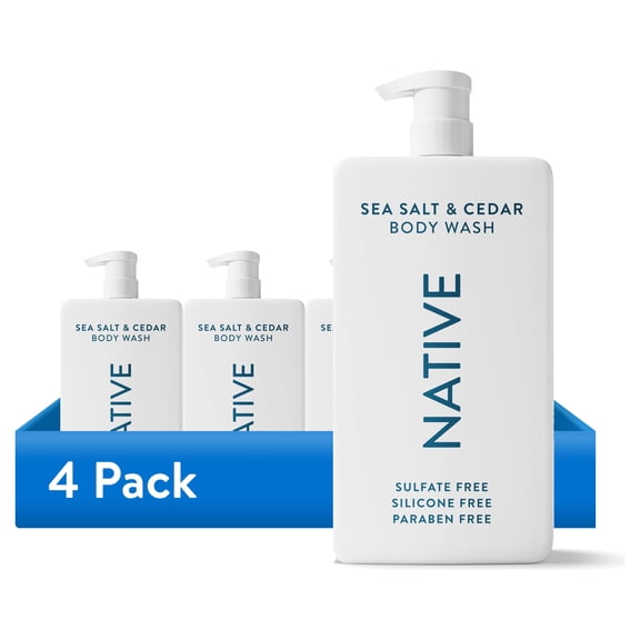 (4 pack) Native Body Wash, Sea Salt & Cedar, Sulfate Free, for Women & Men, 36 fl oz