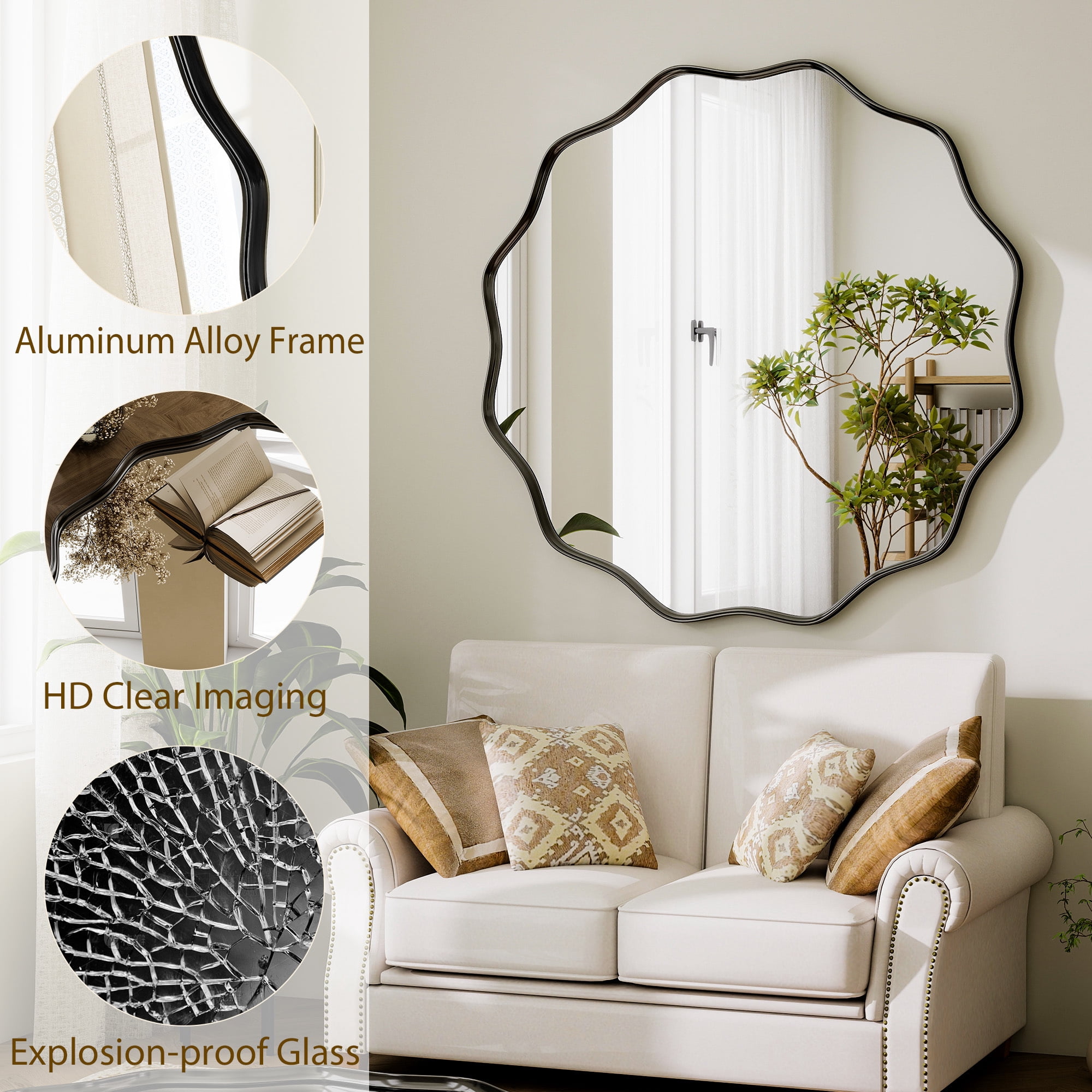Easy4Home 24.2" Wavy Round Bathroom Mirror Wall Mounted Decorative Mirror With Deep Frame, Black