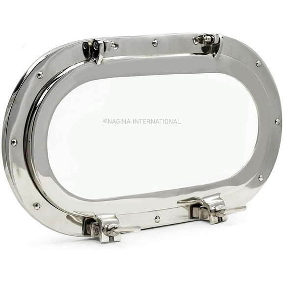 Nagina International Brass Heavy Solid Premium Polished Oval Porthole Mirror | Pirate's Exclusive Ship's Decor Gifts & Collectibles (Aluminum, 14 Inches)