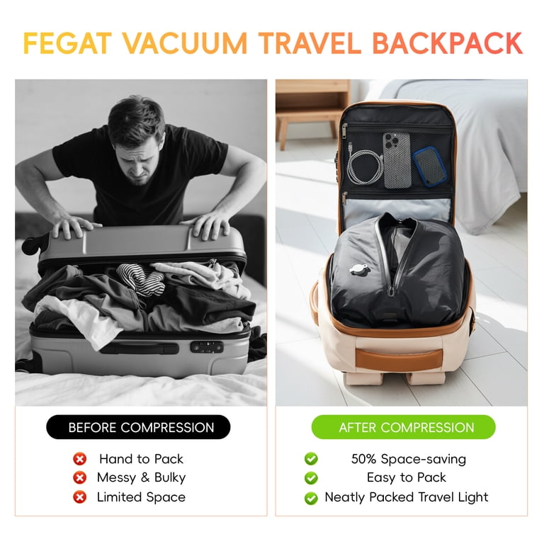 Fegat Vacuum Backpack for Travel,60L Expandable Compression Bag with Pump & TSA Lock,Vacuum Seal Backpack Flight Approved,Airbag Personal Item Carry on Backpacks for Travel Business - Walmart.com Fegat Vacuum Backpack for Travel,60L Expandable Compression Bag with Pump & TSA Lock,Vacuum Seal Backpack Flight Approved,Airbag Personal Item Carry on Backpacks for Travel Business - Walmart.com