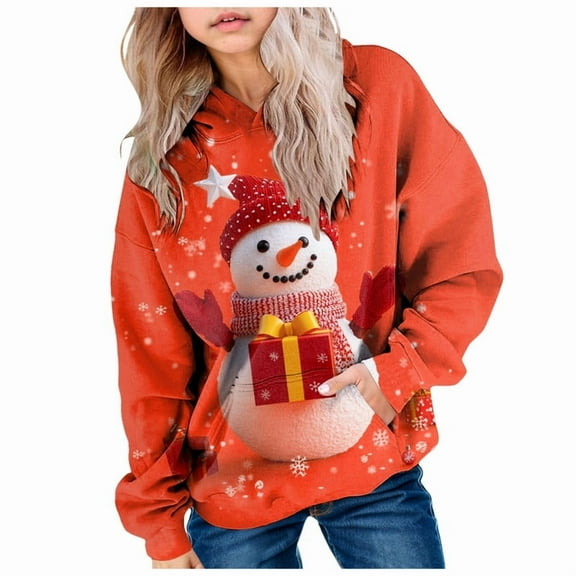 Ulanda Christmas Hoodies for Girls Winter Fleece Hooded Xmas Graphic Sweatshirt Holiday Cute Funny Pullover Sweater (Orange, 9-10 Years)