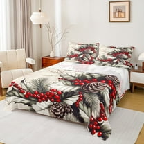 jejeloiu Rustic Pine Cone Bed Sheets,Christmas Red Berry King Sheets,Tropical Plant Leaves Sheet Set,Lightweight Room Decor,4pcs