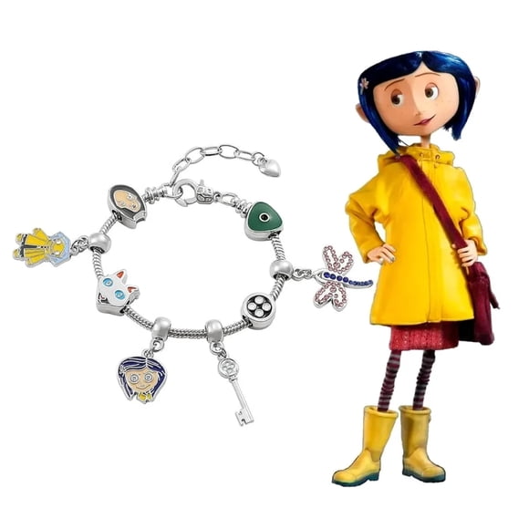 Pulsera Plateada Muñeca Coraline Libelula Gato Llave Boton