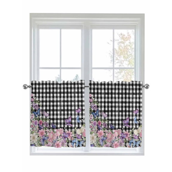 Spring Floral 2 Panel Kitchen Curtains for Small Windows, Black White Checkered Farmhouse Butterfly Bathroom Tier Curtain, Short Window Treatment for Bedroom/Living Room 55"x24"