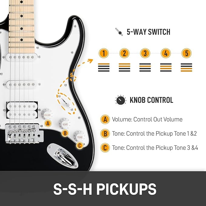 HarmonyStrings 39 Inch Rosewood Fingerboard Electric Guitar,Electric Guitar Beginner Kit Solid Body Full Size Pick Up for Starter, with Bag, Picks, Capo, Strap, Cord,Allen Wrench, Tremolo Arm Black