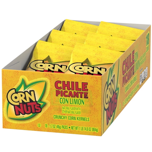 CORN NUTS Chile Picante Con Limon Crunchy Corn Kernels Flavored Nuts Snack, 1.7 oz Plastic Pouch (Pack of 18)