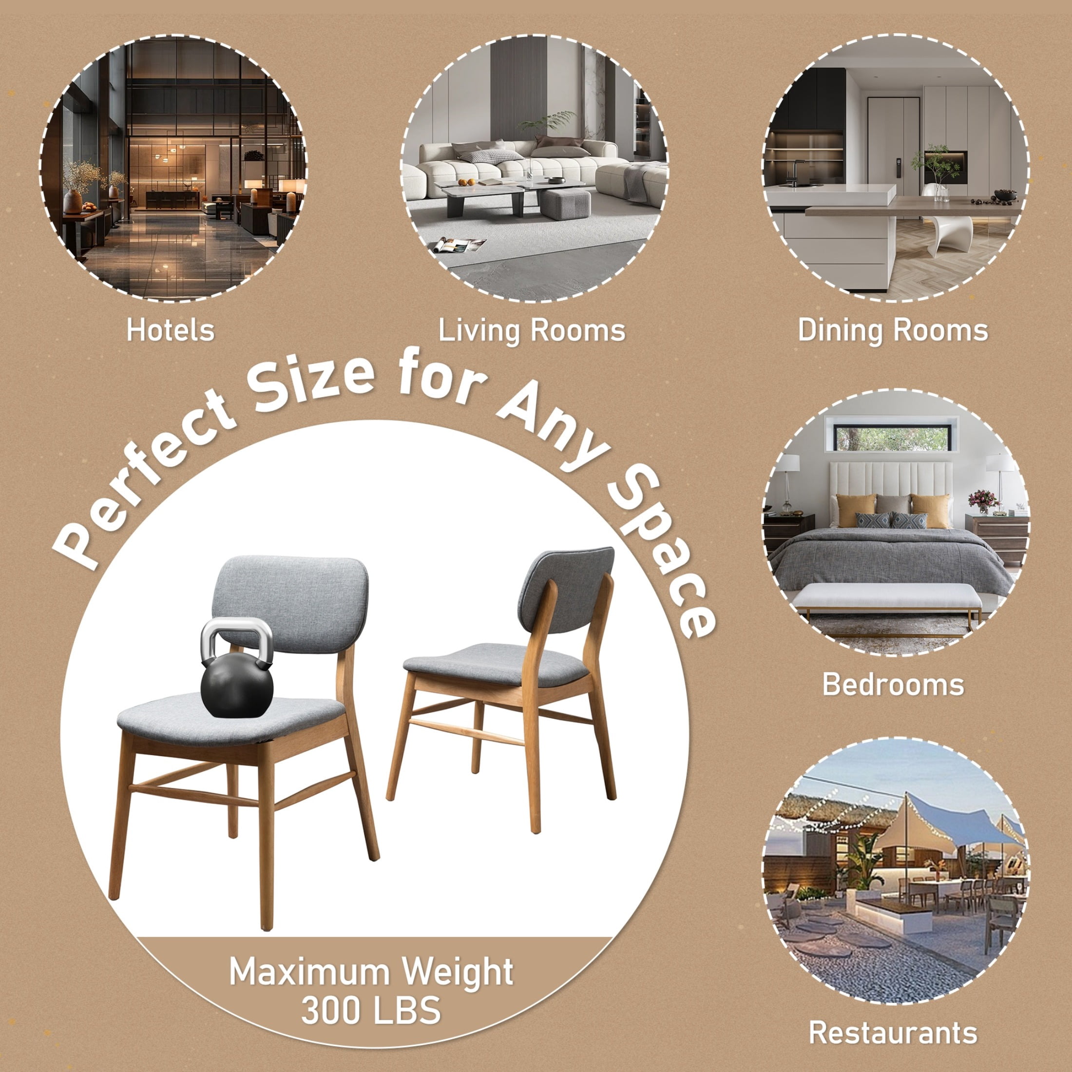 Dining Chairs Set of 2, Rubberwood Chairs with Upholstered Seat for Living Room, Dining Room, Natural + Gray