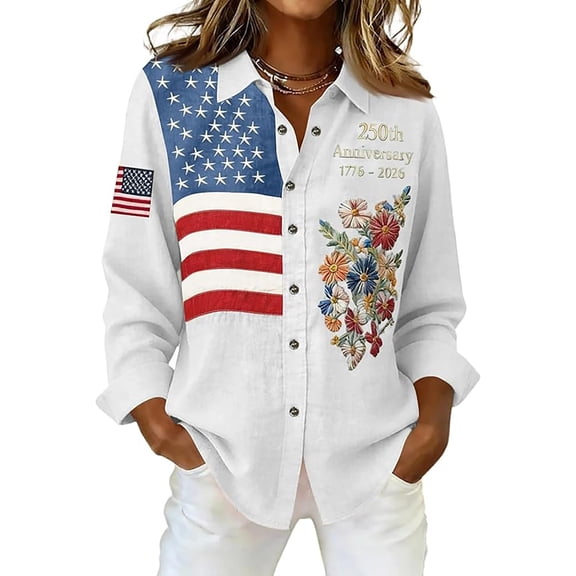 IWRICH Women's 250th Anniversary 1776-2026 American Flag USA Shirt Floral Patriotic Button down Long Sleeve Blouses 10-White XL