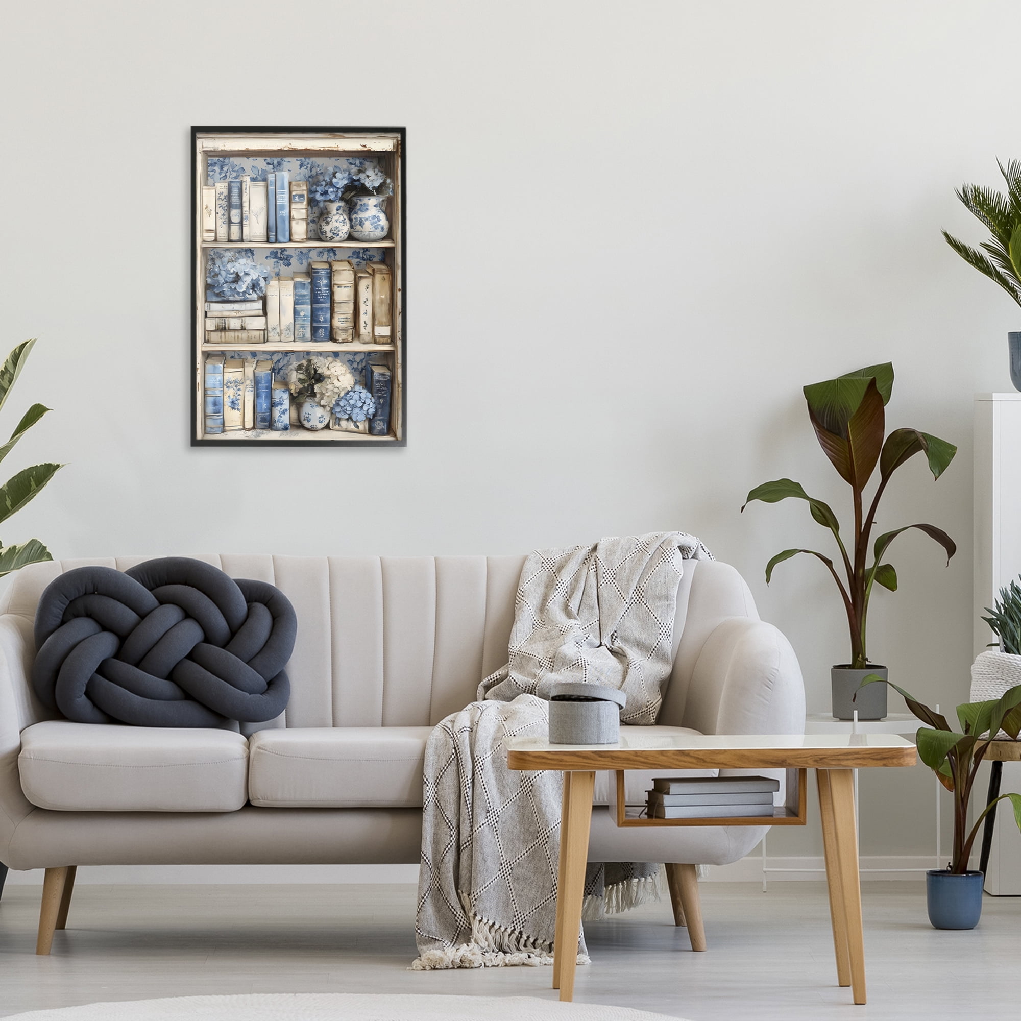 Stupell Industries Blue & Beige Bookcase Black Framed Giclee Art, design by LSR Design Studio