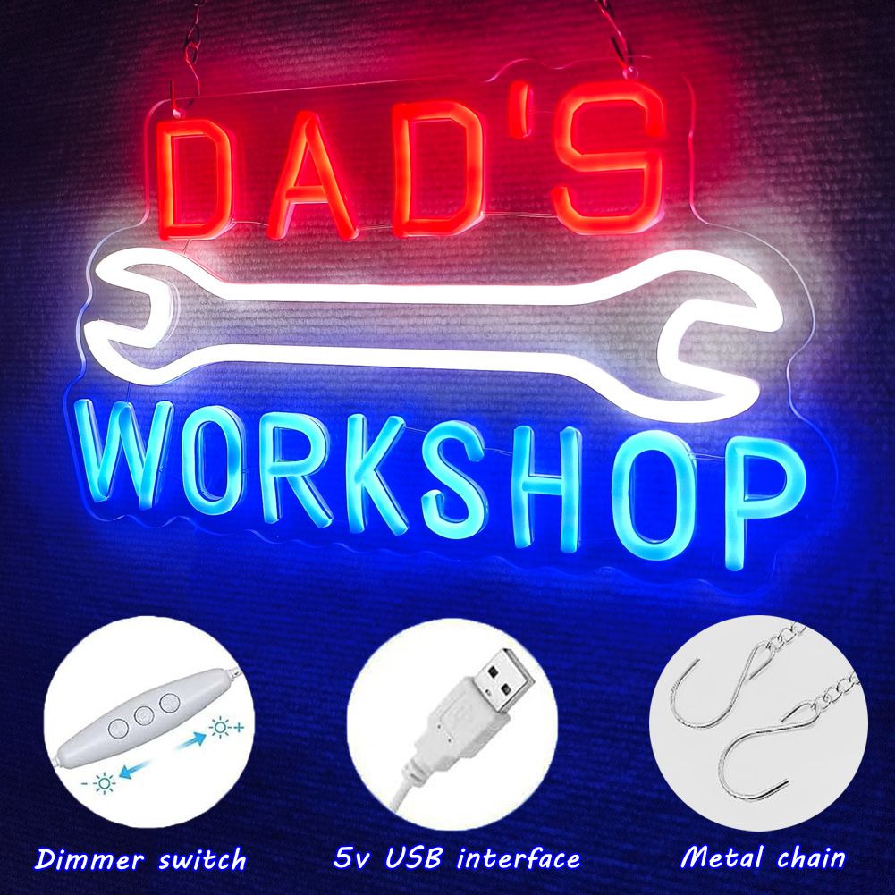 Dad's Workshop Neon Sign,Garage Car Signs neon Light for Man Cave Auto Repair Shop Workshop Birthday Father Gift Decor