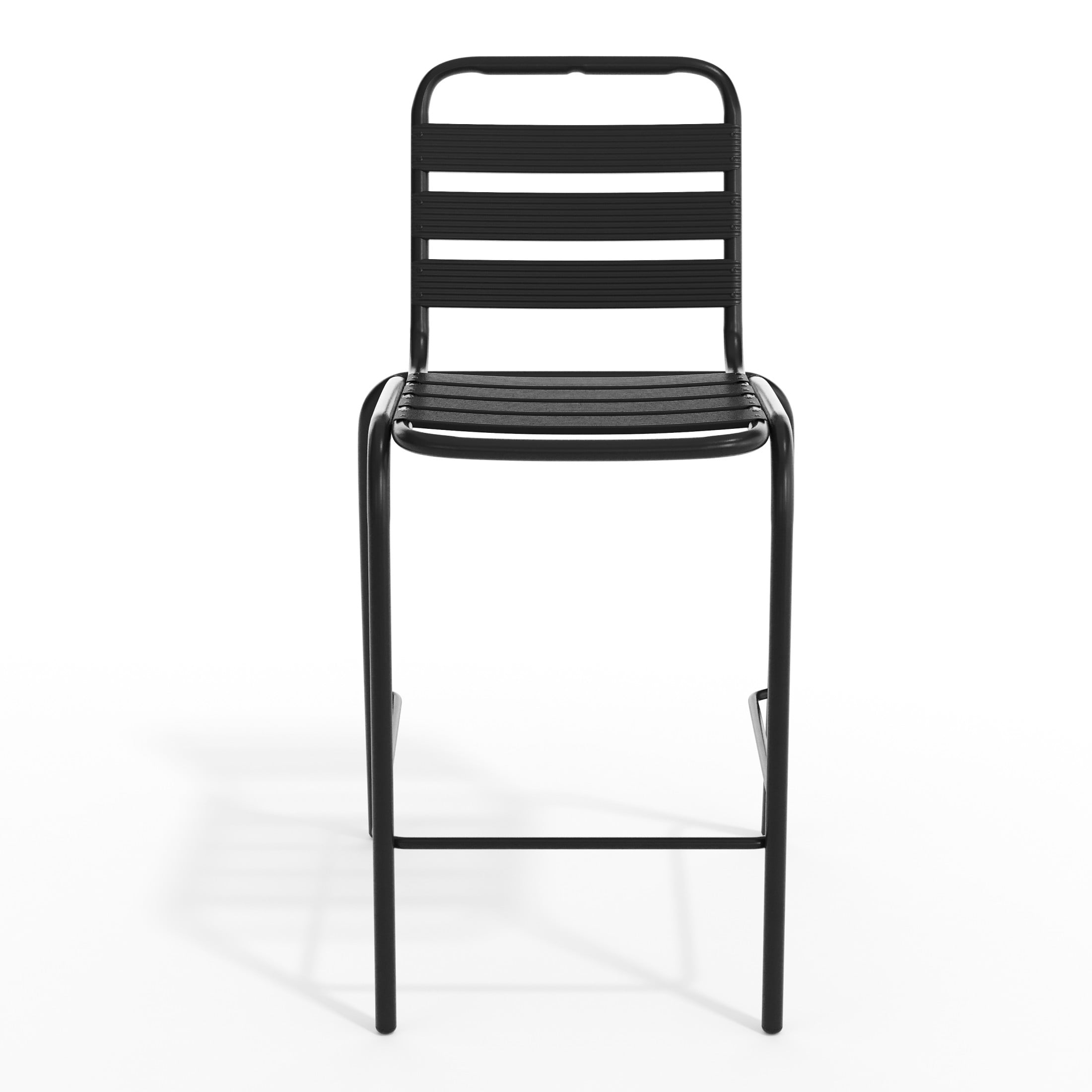 Emma + Oliver Black Metal Bar Height Stool with Triple Slatted Back for Indoor and Outdoor Use