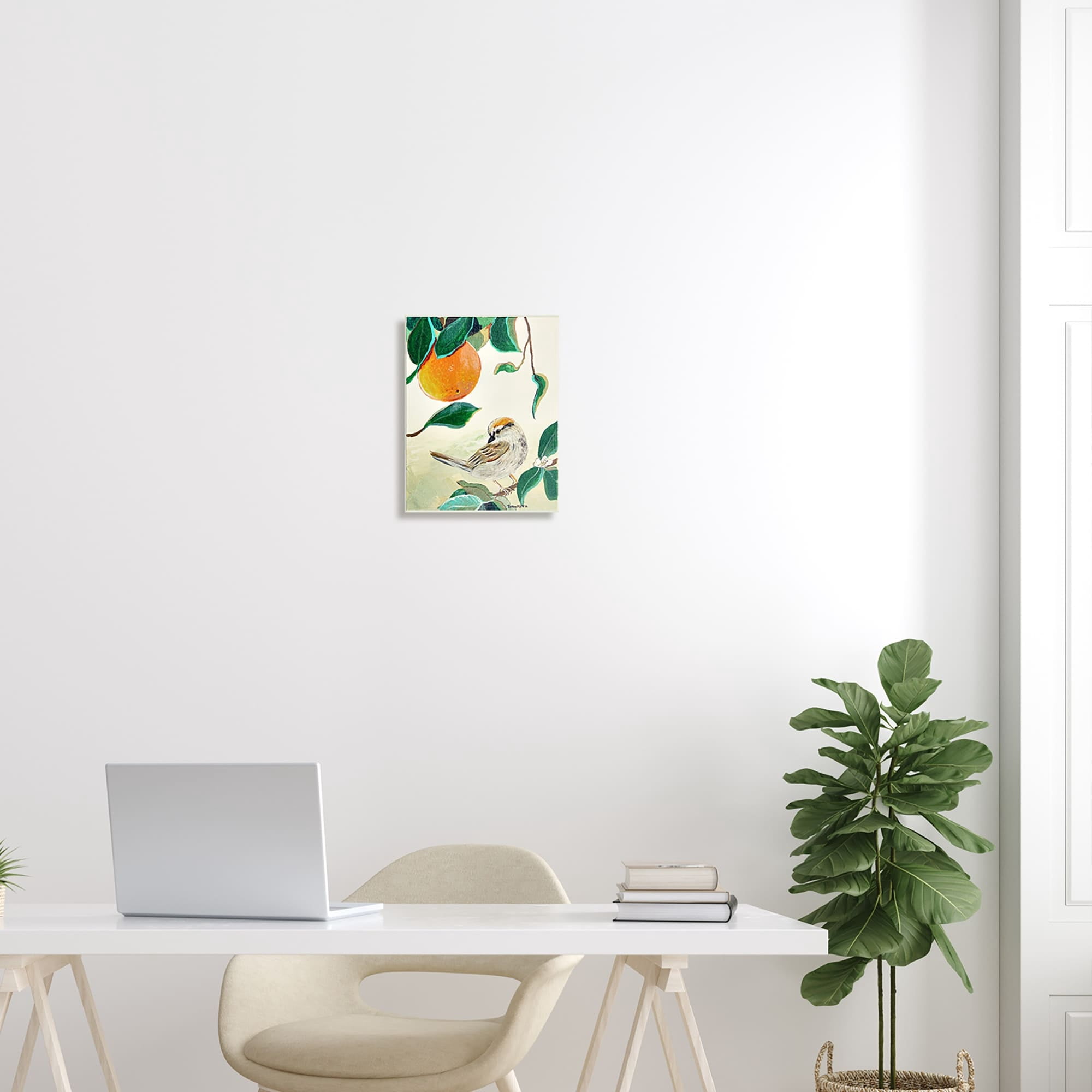 Stupell Industries Bird Perched Orange Fruit Tree Branch Leaves Painting Unframed Art Print Wall Art, Design by Robin Maria