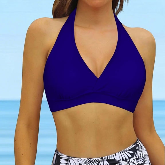 HOWPAY Womens Bikini Top Full Coverage Push up Supportive Swimwear Backless V Neck Bathing Suit Tops Only Sports Lightweight Summer Swim Bra Blue L