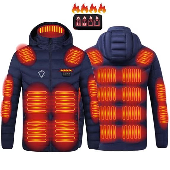 Gamivast Heated Jacket Men with Hood Warm Quilted Coats with 21 Heating Zones and 3-levels Zip Up Stand Collar Pockets Jacket with 4 Control Washable USB Charging Clothes no Power Bank