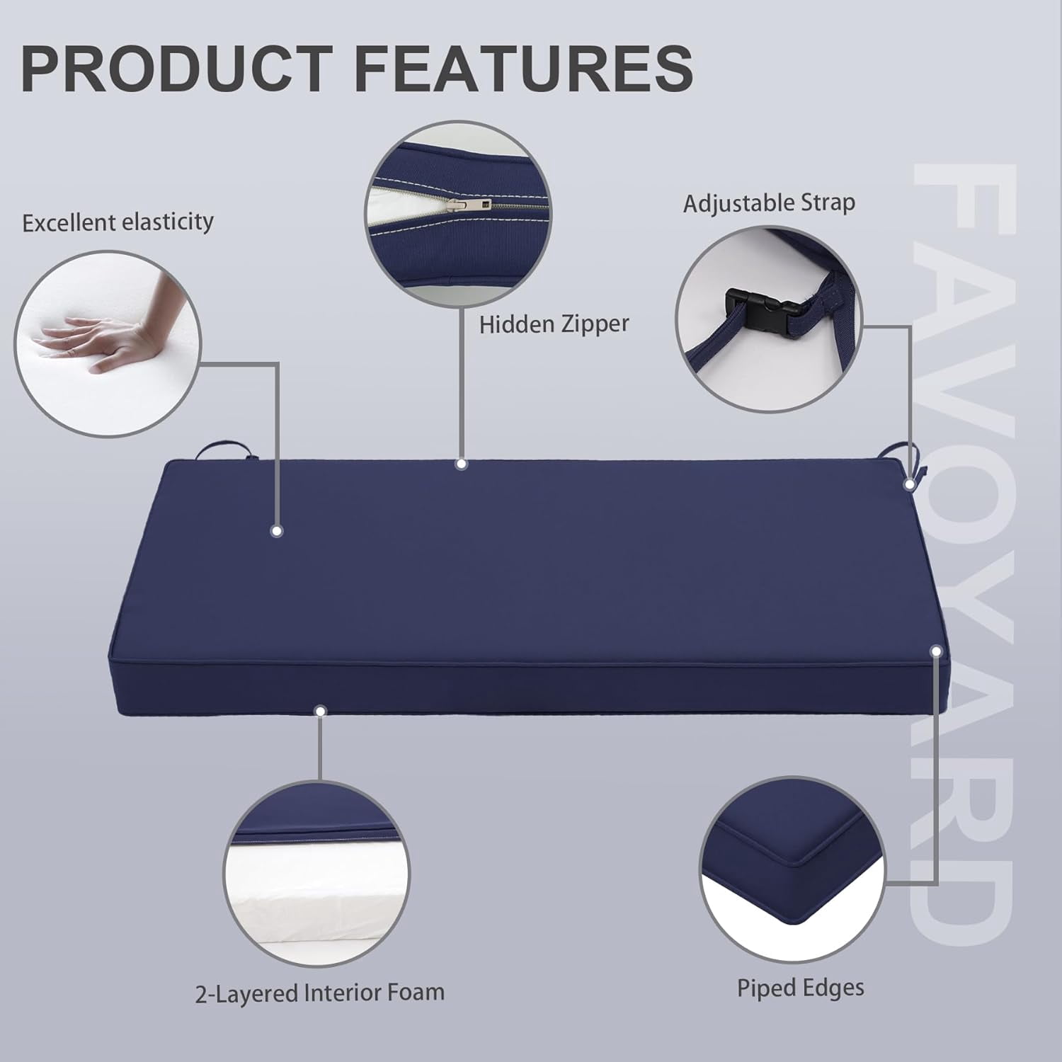 Outdoor Bench Cushion 48 x 18 Inch Waterproof Patio Furniture Cushions 3-Year Color Fastness Garden Sofa Settee Couch Swing Pads with Handle and Adjustable Straps, Blue