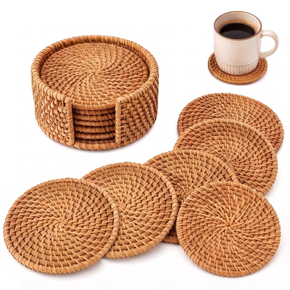 6 PCS Natural Handmade Rattan Coasters with Holder,4 Inch Woven Boho Coasters & Rattan Placemats,Wicker Coaster for Coffee Table,Housewarming Gifts & Coastal Decor