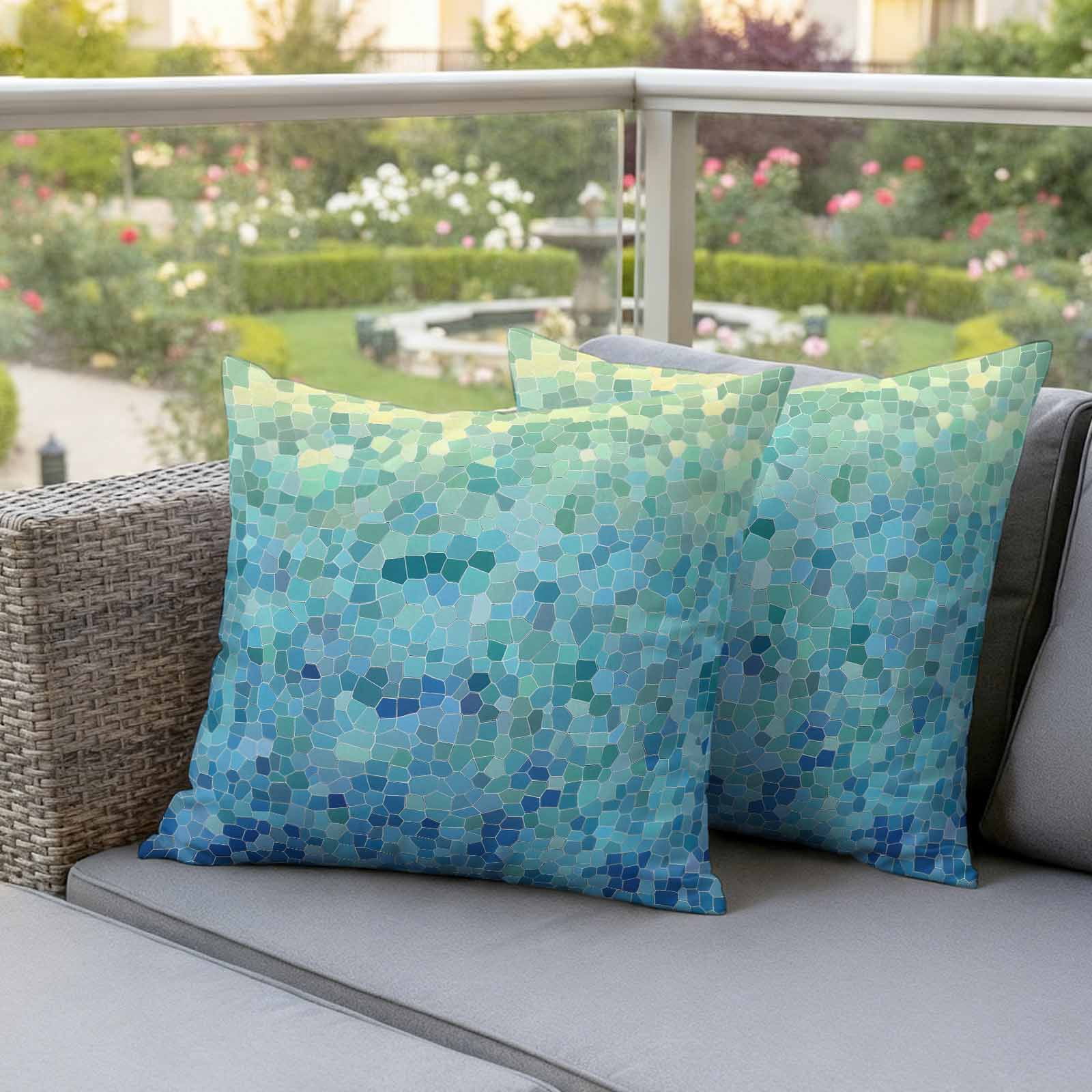 Turquoise Blue Teal Outdoor Waterproof Pillow Covers, Chic Stained Glass Texture Aesthetic Decorative Square Throw Pillowcase Sofa Cushion Sham for Patio/Couch/Chair, 24"x24" 2 Pack