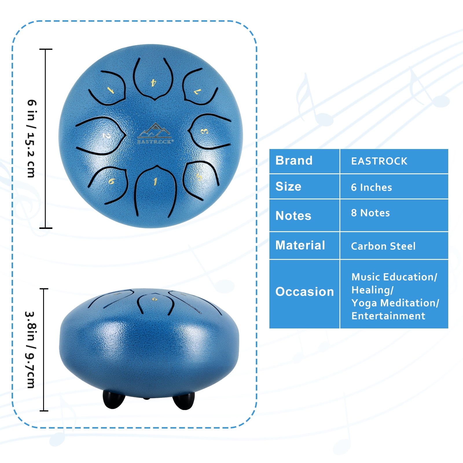 EASTROCK Steel Tongue Drum 6" 8 Note Rain Drum C Key for Yoga/Meditation with Drumsticks & Bag & Music Book(Blue)