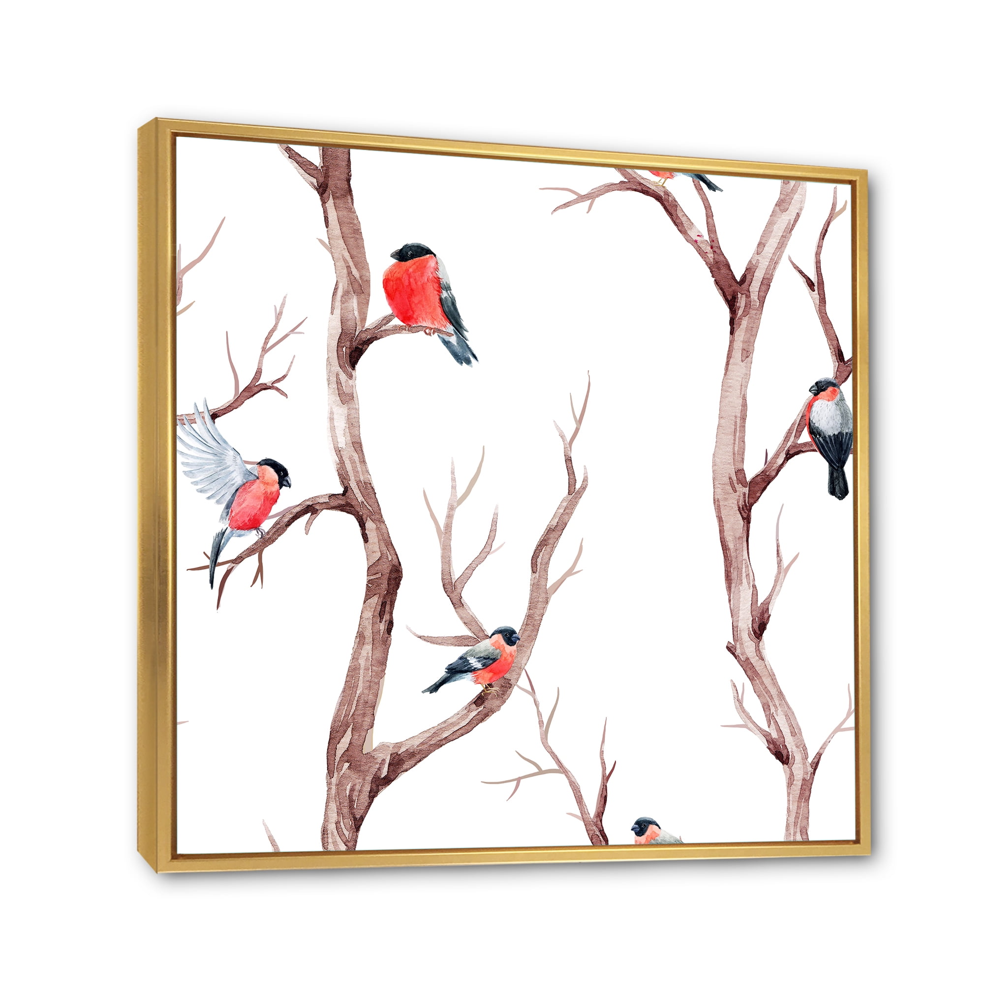 Little Birds Sitting On The Tree Branches III 16 in x 16 in Framed Painting Canvas Art Print, by Designart