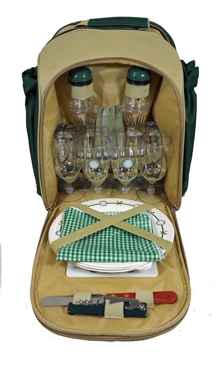 Picnic Basket Back Pack - 32 Piece Set - Insulated Wine Bottle Holders, Cheese cutter & Cutting Board, Wine Opener, Salt & Pepper Shakers & More in this Comfortable BackPack