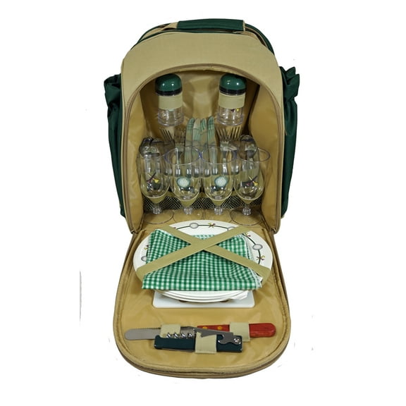 Picnic Basket Back Pack - 32 Piece Set - Insulated Wine Bottle Holders, Cheese cutter & Cutting Board, Wine Opener, Salt & Pepper Shakers & More in this Comfortable Backpack