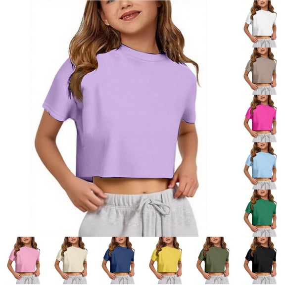 VNKIDY Girls Kids Crew Round Neck Solid Color Plain Short Sleeve Cropped T-Shirt Slim Casual Summer Basic Tee Tops For Child Soft Tops Purple 11-12 Years