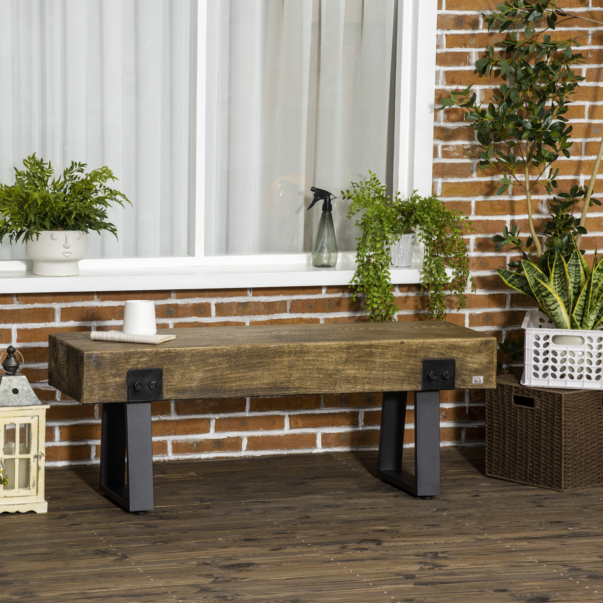 Garden Bench with Metal Legs, Rustic Wood Effect Concrete Entryway Bench, End of Bed Bench, Indoor Outdoor Use for Patio, Park, Porch and Lawn, Natural and Black