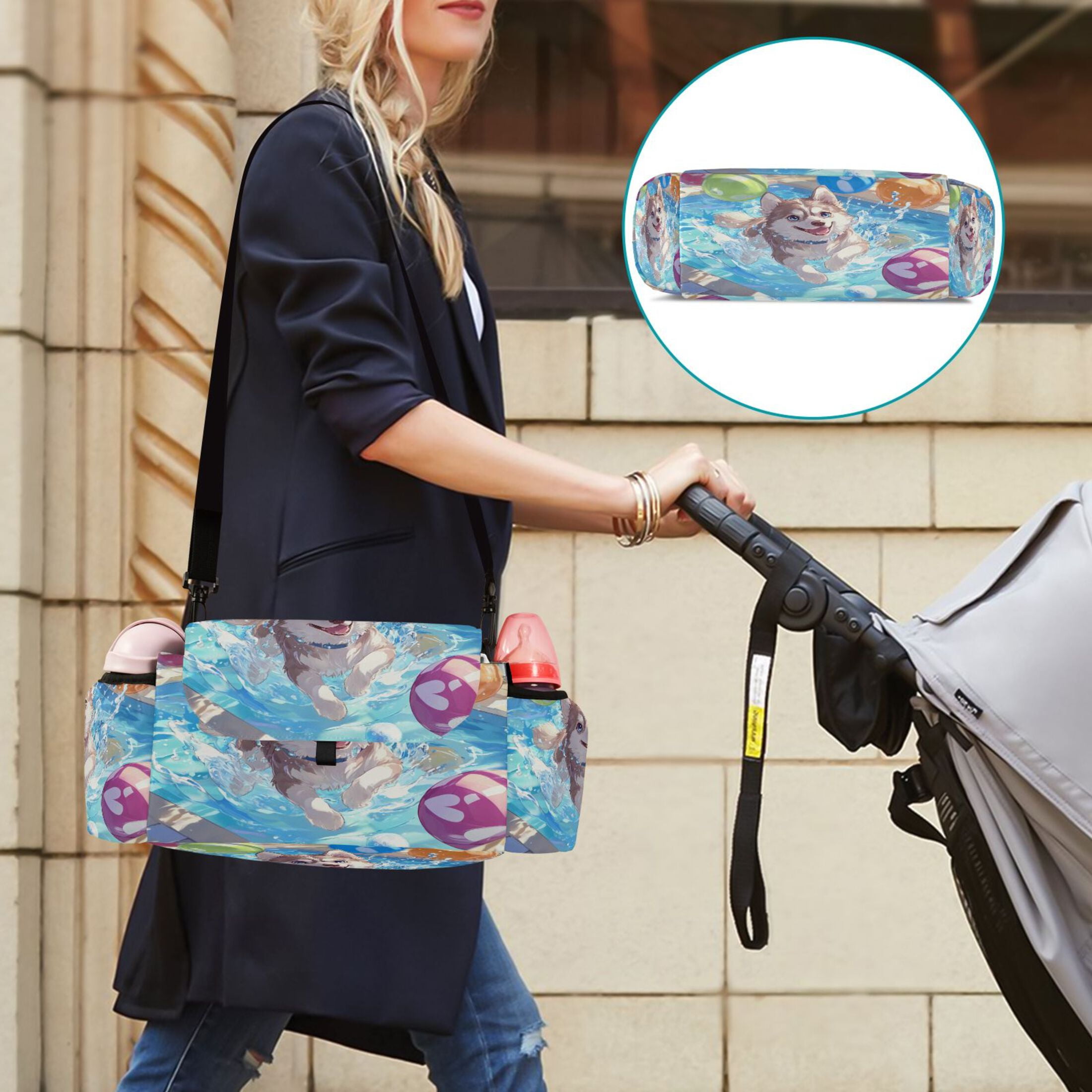 DIXRUYEE Stroller Organizer Joyful Pool Pup Printed