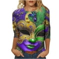 thumbnail image 1 of RKSTN Mardi Gras 3/4 Length Sleeve Womens Tops Oversized Crewneck Carnival Mask Print 3/4 Sleeve T Shirt Womens Casual Round Neck Tuesday Carnival Party Short Sleeve Tee Shirt Spring Summer Clothes, 1 of 6