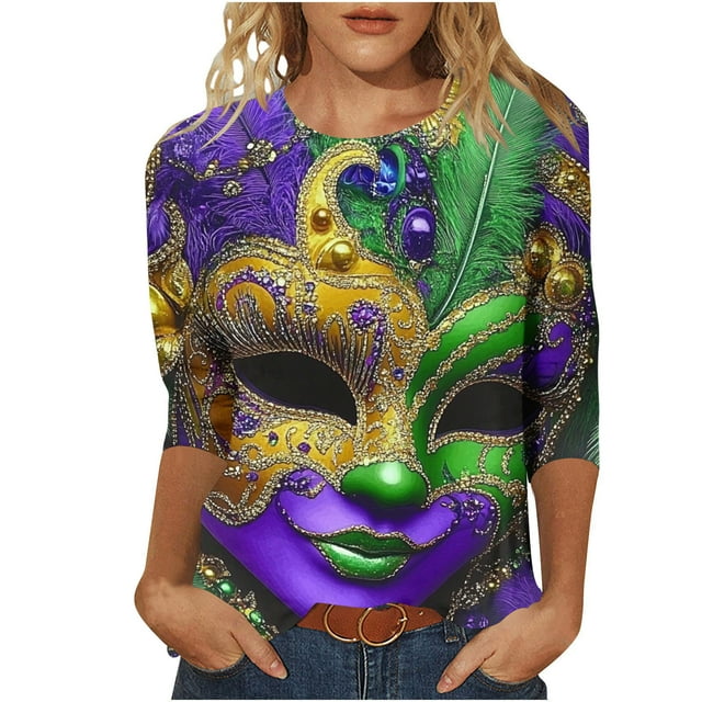 RKSTN Mardi Gras 3/4 Length Sleeve Womens Tops Oversized Crewneck Carnival Mask Print 3/4 Sleeve T Shirt Womens Casual Round Neck Tuesday Carnival Party Short Sleeve Tee Shirt Spring Summer Clothes