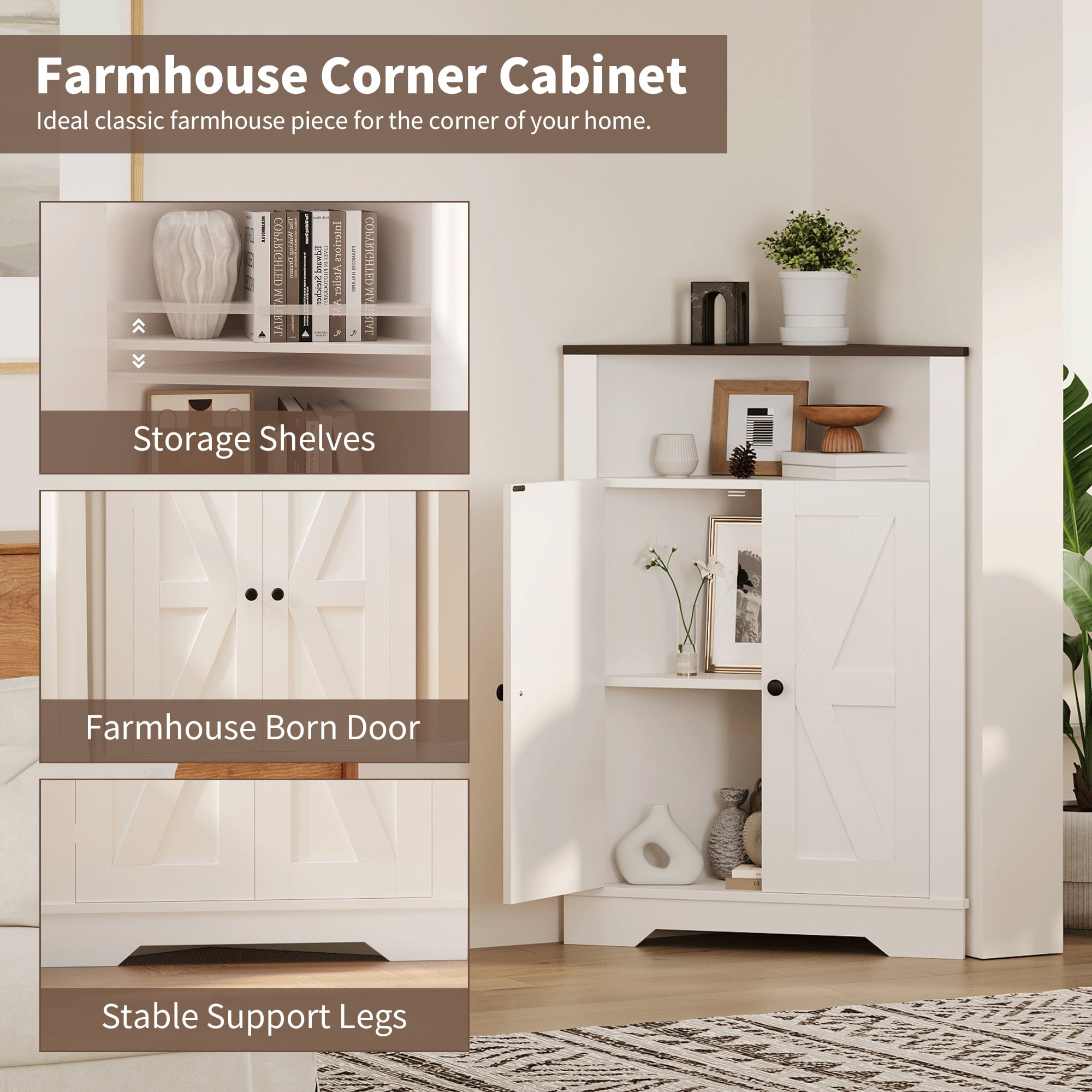 COZONY Farmhouse Corner Storage Cabinet with Door and Adjustable Shelf, Narrow Floor Cabinet for Bathroom, Pantry, Living Room,White