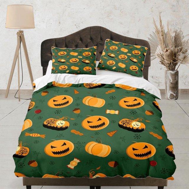 Calabaza halloween ropa de cama completa y funda de almohada, funda nórdica verde conjunto dormitorio