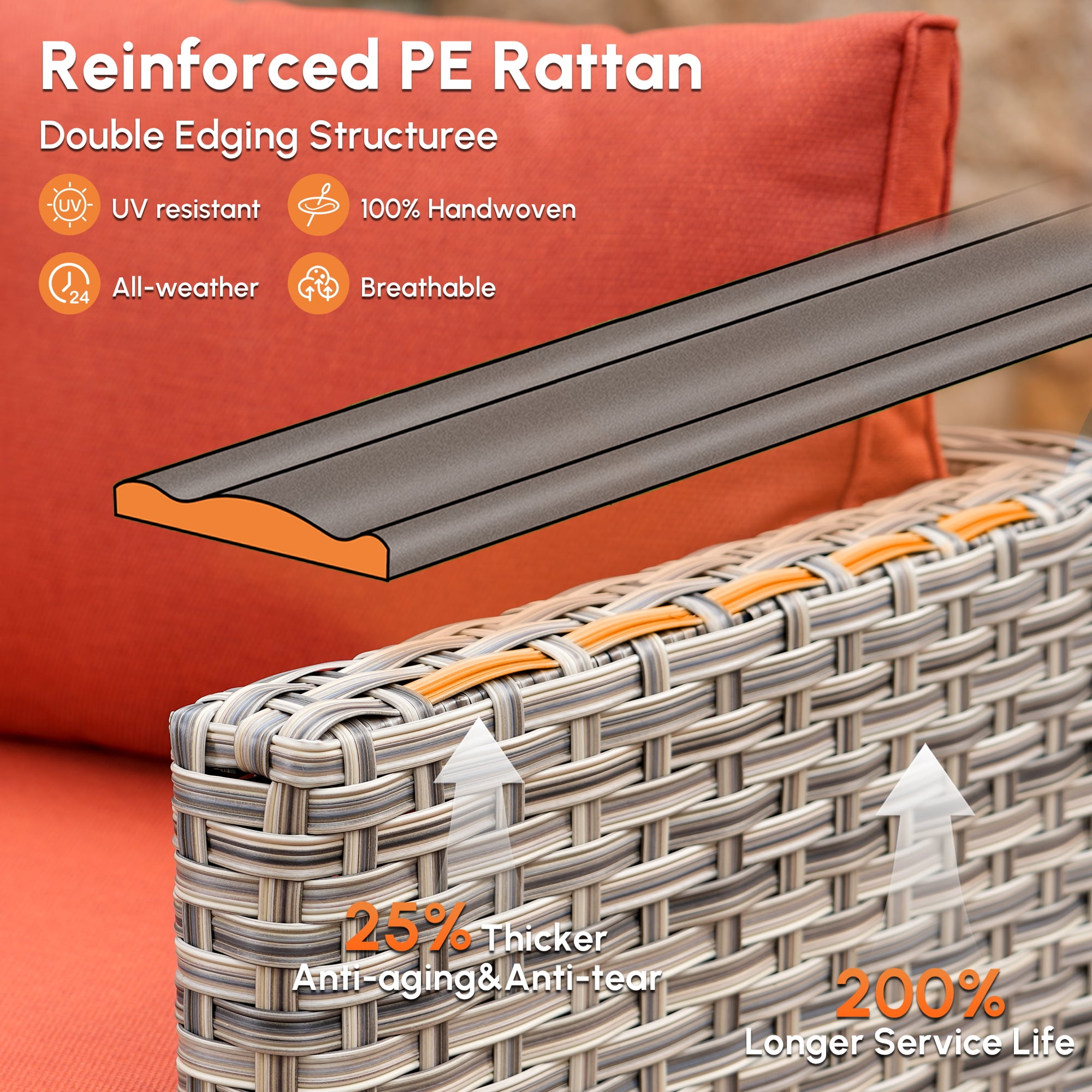 Vcatnet Outdoor Patio Furniture Sets 8 Pieces Sectional Sofa Wicker Conversation Set with Swivel Glider Chairs and Solar Powered Coffee Table for Porch, Deck, Coarse Orange Red
