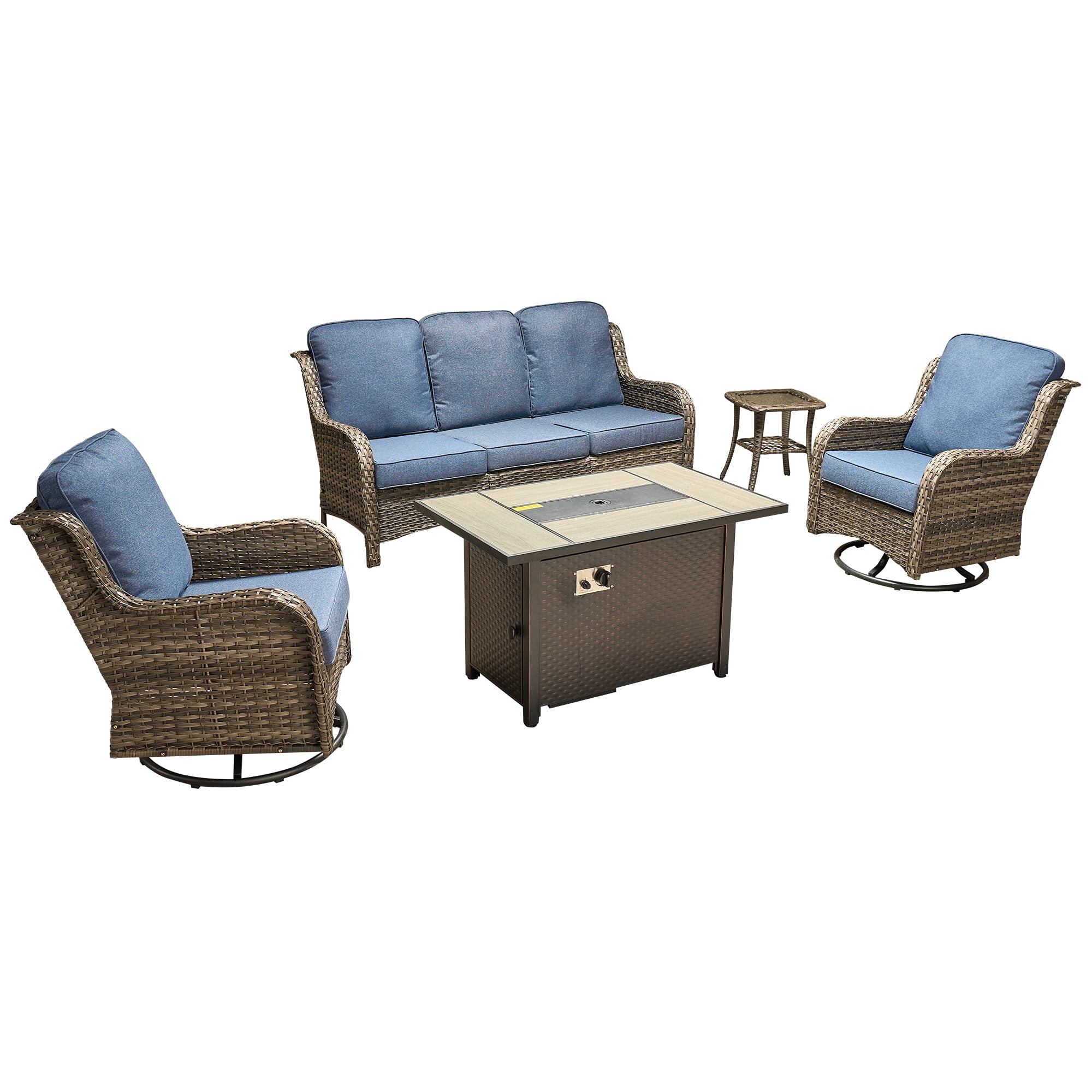 Ovios 5 Piece Outdoor Patio Furniture Set All-Weather Wicker Rattan Conversation Set with High Back Swivel Chairs & Propane Fire Pit Table, Denim Blue