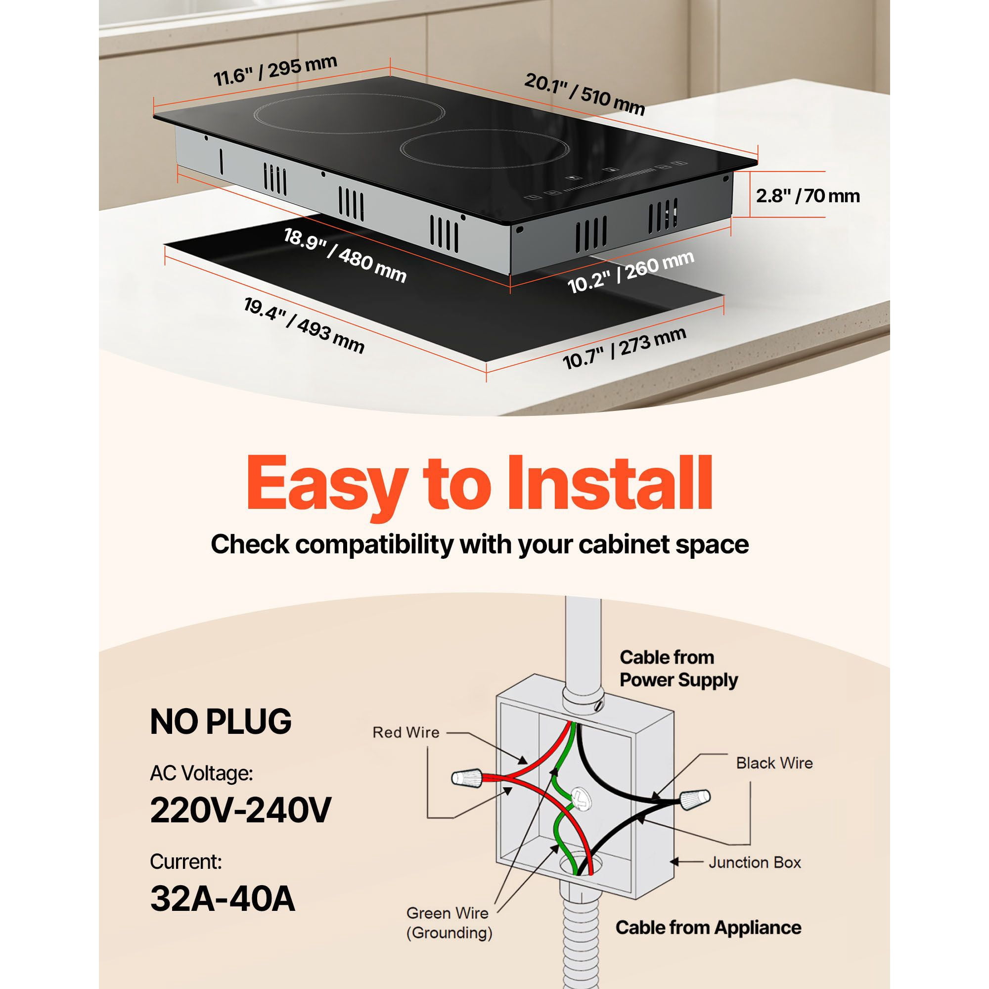 Built in Electric Stove Top,20x11.6"2 Burners,240V Glass Radiant Cooktop with Sensor Touch Control,Timer&Child Lock Included,9 Power Levels for Simmer Steam Slow Cook Fry