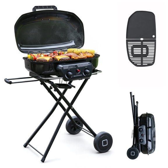 2 Burner Propane Gas Grill with Dual Cooking Surfaces, Porcelain Grate & Extra Griddle, Push-Button Ignition, Foldable Portable BBQ with Wheels for Backyard Patio Camping