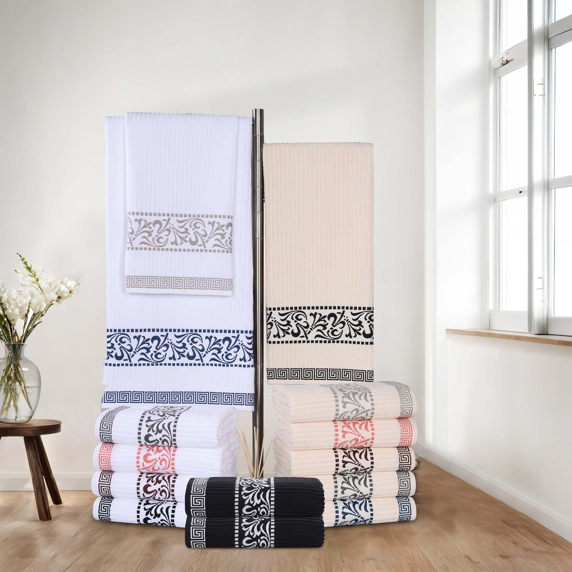 Superior Athens 6-Piece Cotton Greek Scroll Towel Set, Gray