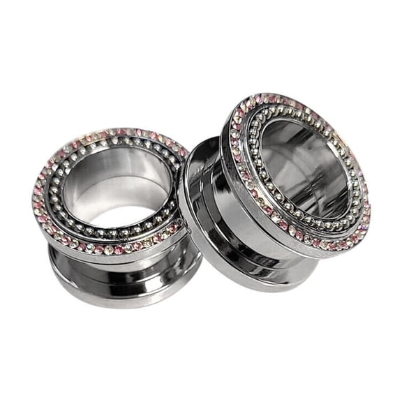 Pair of Surgical Steel Screw Fit Ear Plug with Pink & Clear CZ Gems