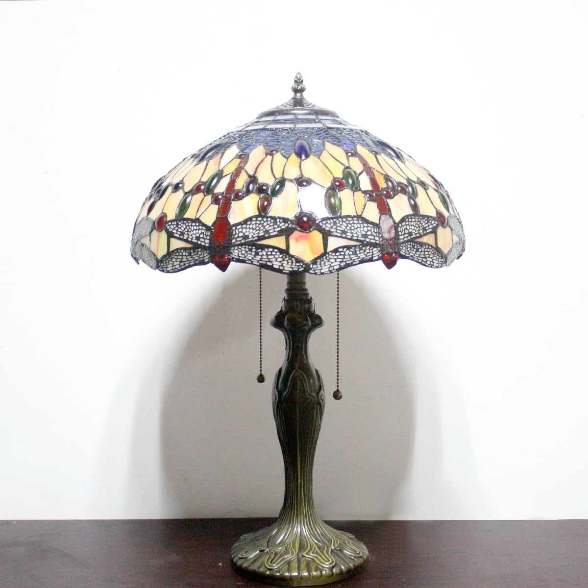 Tiffany Style Table Lamp W16H24 Inch Orange Blue Stained Glass Crystal Bead Dragonfly Shade S168 LAMPS Kids Living Room Bedroom Coffee Bar Desk Bedside Reading Light Antique Art Crafts Gift