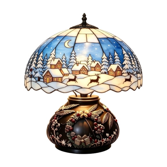 Christmas Table Lamp Featuring Scalloped Patterned Glass Shade, Vintage Style Accent Lighting for Home Desktop, Festive Christmas Holiday Decoration 1 Pack