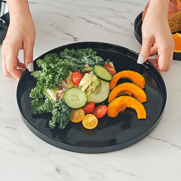 LaGlint 10.5 inch Dinner Plate Set of 6, Vertical Rim, Lightweight Round Opal Glass Black Dinnerware Plates, Dishwasher and Microwave Safe