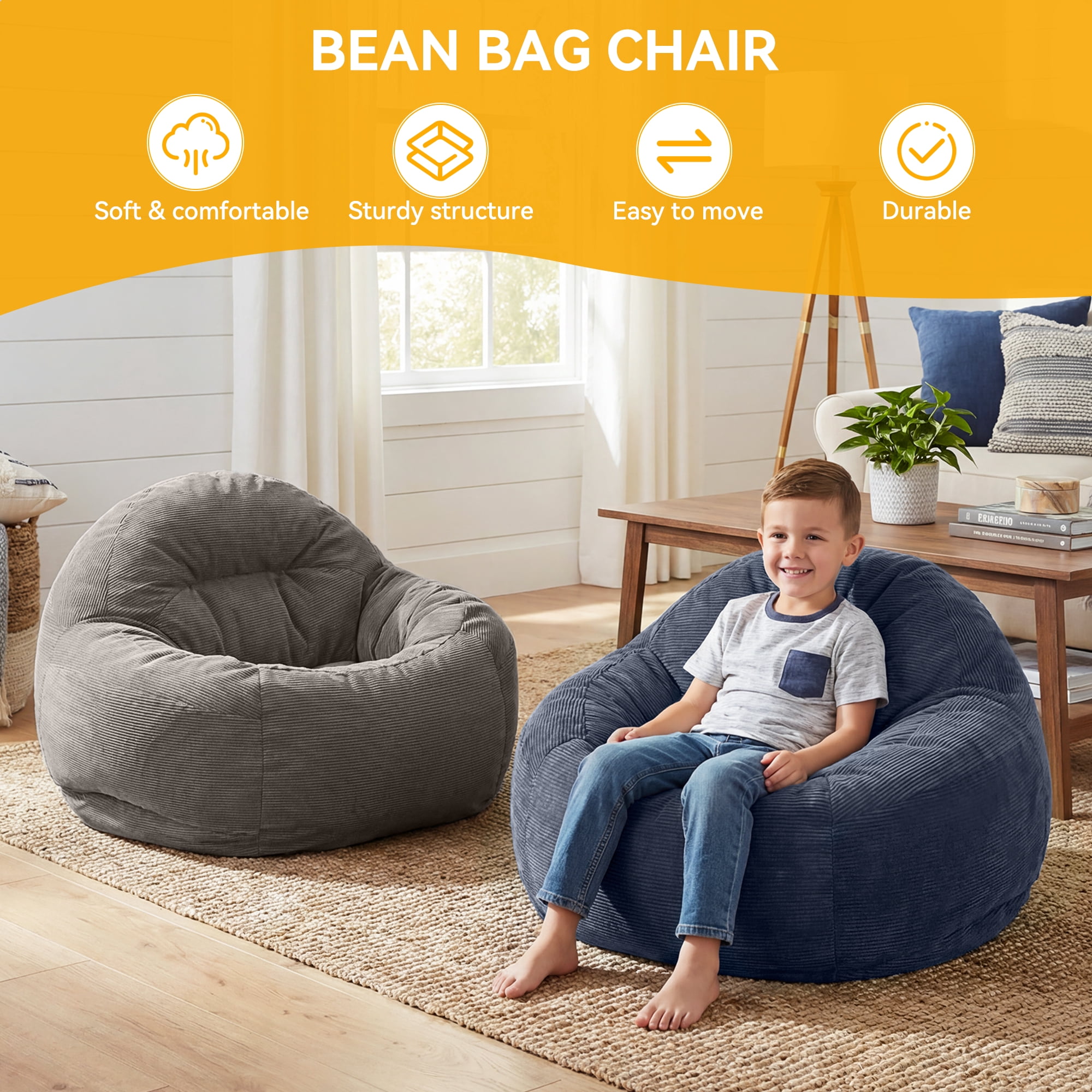 Fluffy Bean Bag Chair with Memory Foam Filler for Dorm, Apartment, or Living Room
